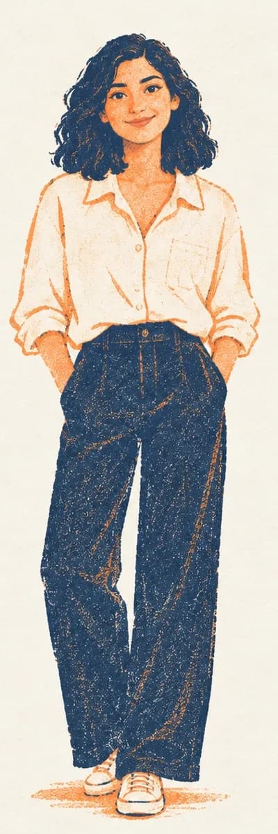 Illustration of your coach: a smiling woman with curly dark hair, cream shirt and navy trousers